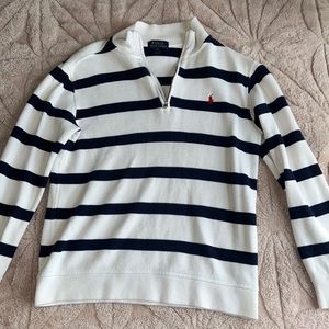 Striped White & Navy Blue Sweater With Red Horse Polo Ralph Lauren L/G (14-16)